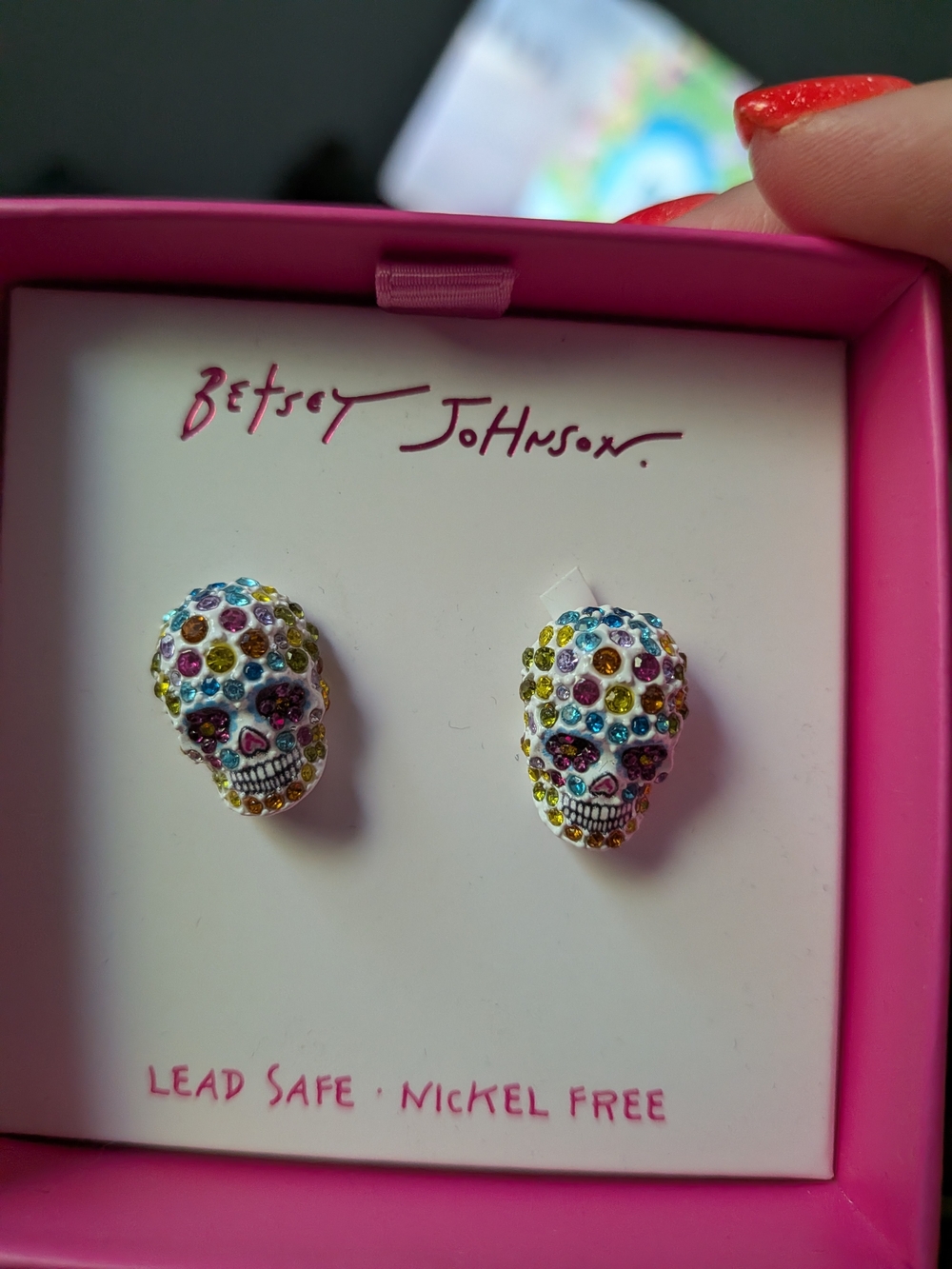 Betsey Johnson White Skull Stud Earrings with Multicolor Crystals